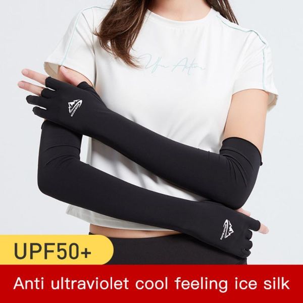 

summer ice silk sleeve gloves integrated super-elastic anti-uv warm preservation cycling arm guards half-finger outdoor elbow & knee pads, Black;gray
