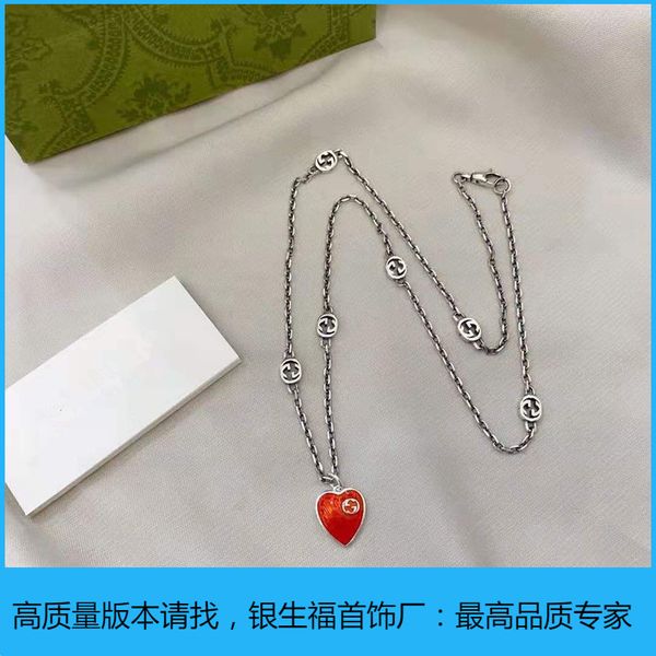 

2021 new s925 silver button enamel red love necklace female clavicle chain