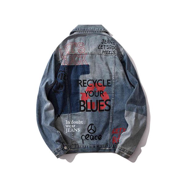 

men's jackets autumn hip hop mens letter paint jeans jaqueta masculino irregular contrast color stitching denim jacket coats male, Black;brown