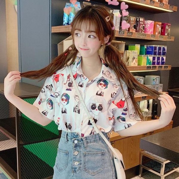 

women's blouses & shirts blouse women shirt loose cartoon printed summer short sleeve flower blusas mujer de moda, White