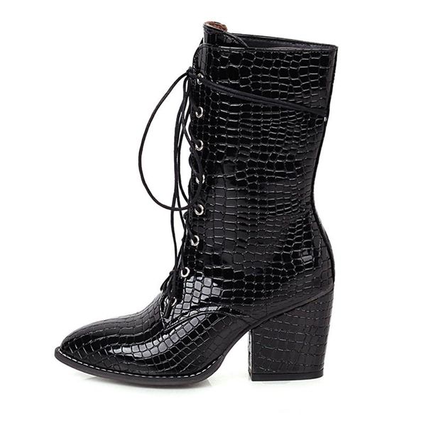 

boots fashion winter pure color beige white elegant pointed toe cross tied motercycle chunky heels ankle 34-48, Black