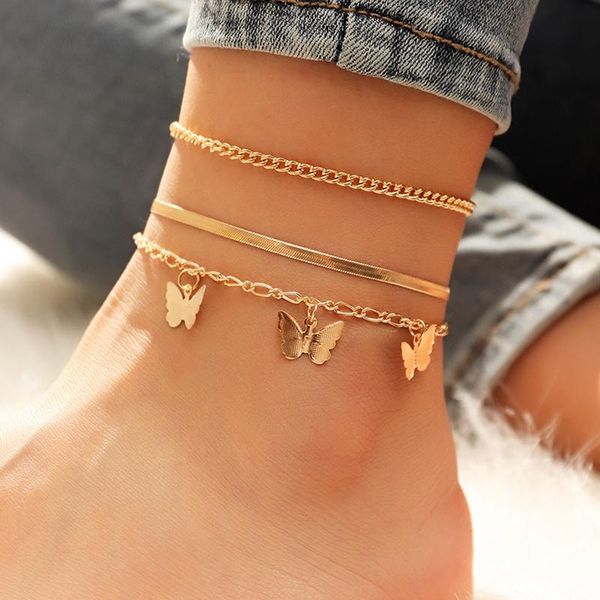 

anklets european and american simple snake chain three-piece wild alloy butterfly pendant anklet accessories, Red;blue