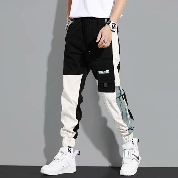 

bib overall men's strappy stitching drawstring summer thin casual pants, Black