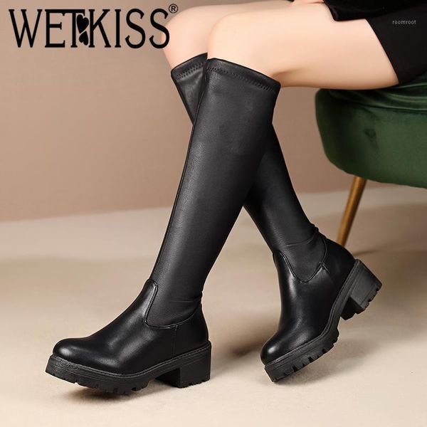 

boots wetkiss motorcycle knee high women thick heels boot female platform stretch shoes ladies round toe casual winter1, Black