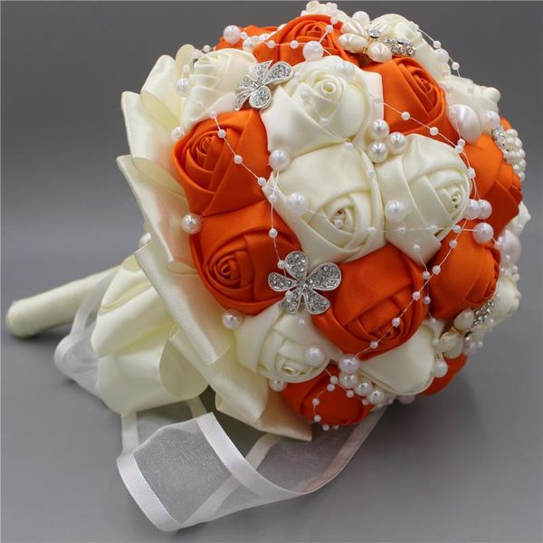 

orange artificial wedding bouquet oem customized flower supplies crystal rose jewelry silk beige bridal decorative flowers & wreaths