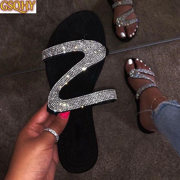 

women slippers summer open toe crystal flat slide ladies fashion outdoor comfort slip on beach sandals woman shoes, Black