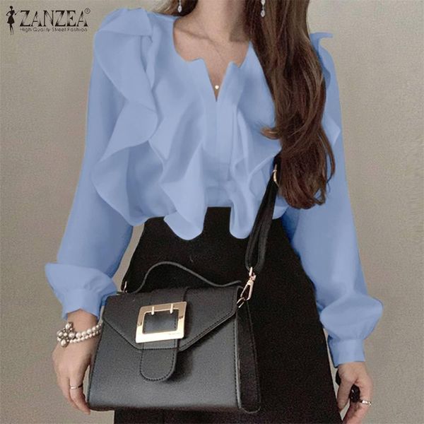 

women's blouses & shirts 2021 zanzea women ruffle blouse spring autumn patchwork office lady puff sleeve casual solid v-neck oversize, White