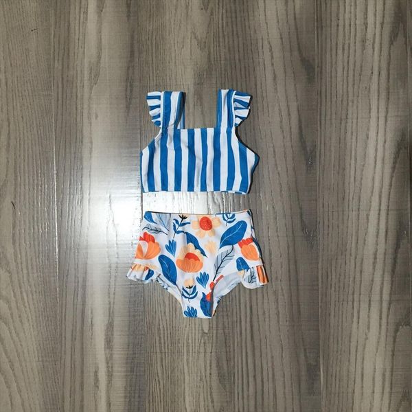 

summer girls stripe blue floral 2 pieces swimsuit kids boutique bathing suit, White