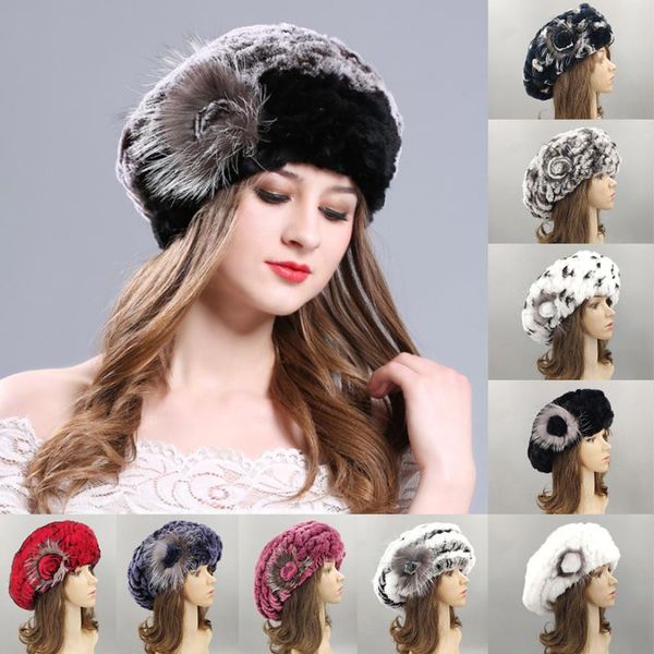 

berets lady beret caps knitted warm real rex fur beanies hats for women thick winter cap 1pc, Blue;gray