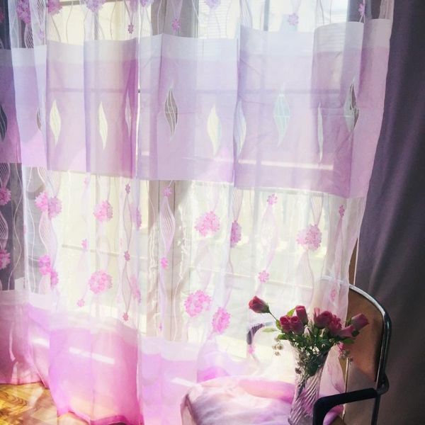 

fashion pink flower embroidery yarn curtain custom made& finished window tulle for living room screening & drapes