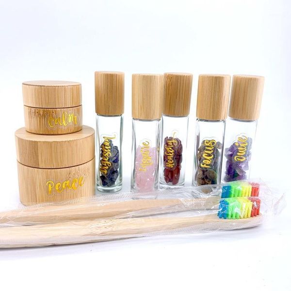

storage bottles & jars travel bottle set 10ml gemstone roller 30g 5g natural bamboo jar toothbrush with lable and cosmetic bag p313