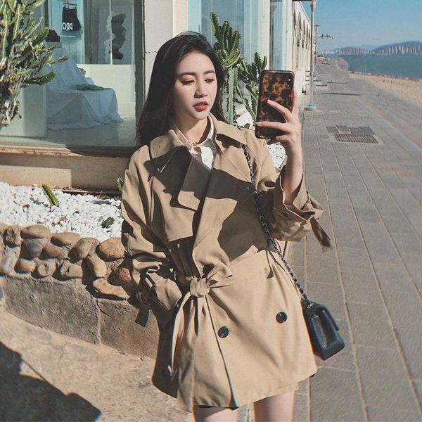 

women's trench coats te032 korean style loose temperament jacket, Tan;black
