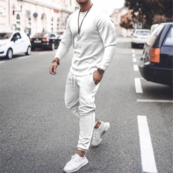 

men's tracksuits 2021 autumn long-sleeved casual suit two-piece fashion trend round neck solid color europe america, Gray