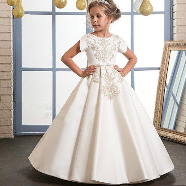 

girl's dresses 2021 vintage beige flower girls dress with short sleeve a line long satin appliques lace formal holy first communion, Red;yellow