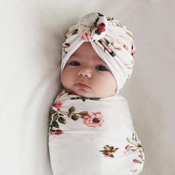 

blankets & swaddling 2pcs baby blanket bonnet hat set born accessories flower leopard print receiving swaddle wrap pography props