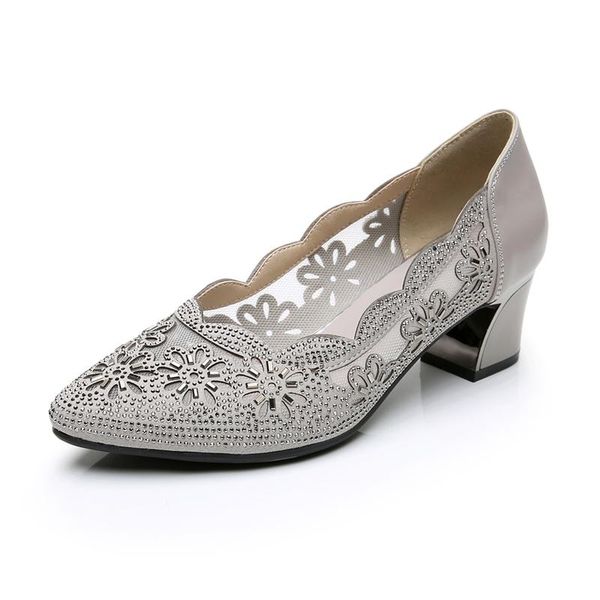 

summer fashion hollow out genuine leather pumps women shoes medium heels square heel mesh ladies office crystal dress, Black