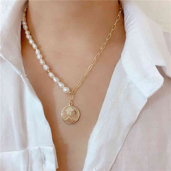 

popular baroque pearl jewelry stainls steel paper clip chain pearl pendant gold plated head coin necklace, Silver