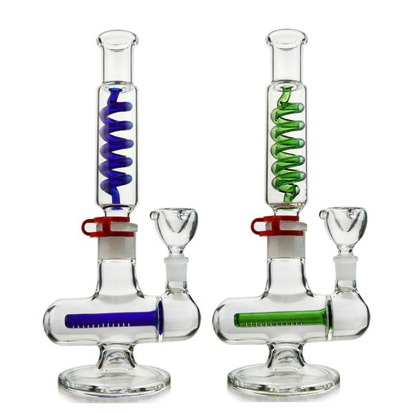 11-Zoll-Wasserpfeifen bauen eine Bong, Inline-Perc-Glas-Wasserpfeifen, gefrierbare Kondensatorspule, grün-blaue Öl-Dab-Rigs, 14-mm-Verbindung mit Schüssel