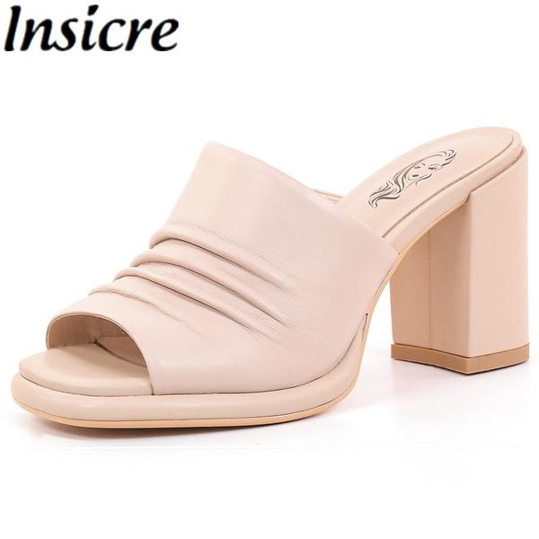 

insicre 2021 summer high heel shoes sheepskin pleated peep toe platform slippers handmade yellow women sandals outside dress, Black