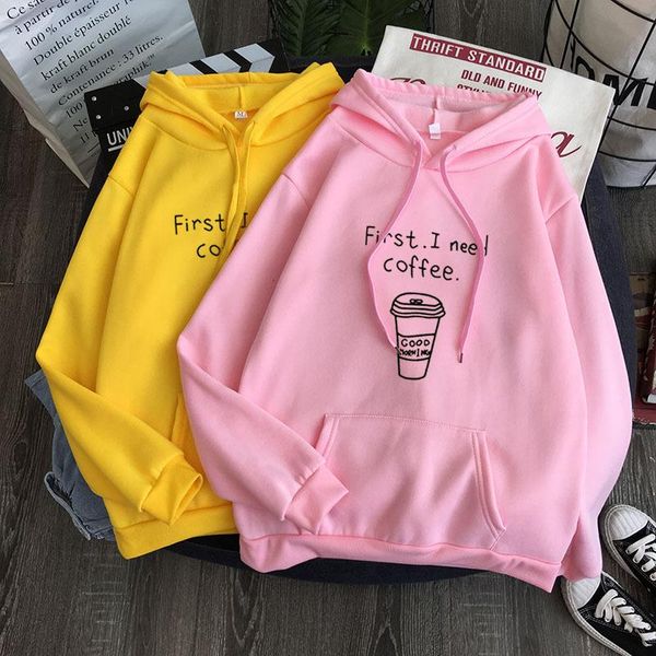 

autumn winter women harajuku hoodies first i need coffee letter sweatshirt long sleeve turtleneck fleece girls pullover women's & sweat, Black