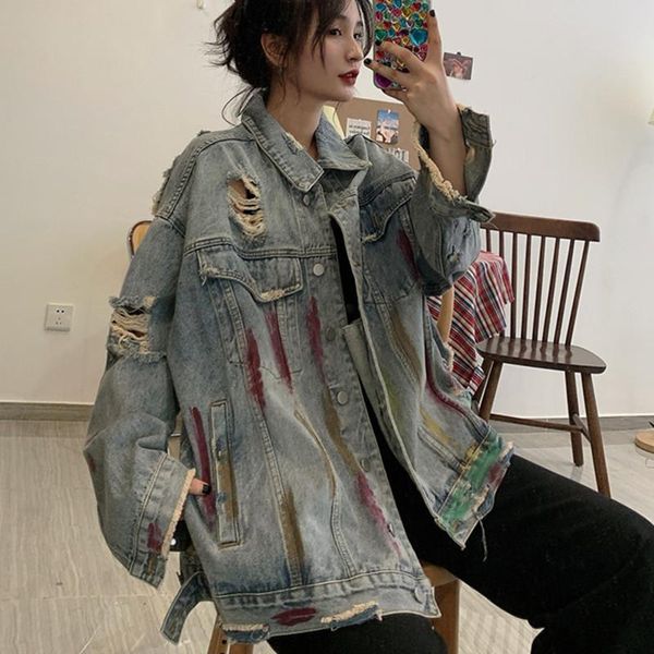 

net red denim jacket womens 2021 spring autumn korean style fashion graffiti hole loose fried street retro coat female women's jackets, Black;brown