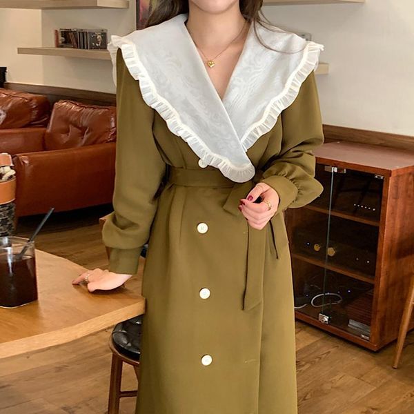 

casual dresses woman dress 2021 korea fashion elegant romantic hit color mesh doll collar double-breasted lace-up waist puff sleeve, Black;gray