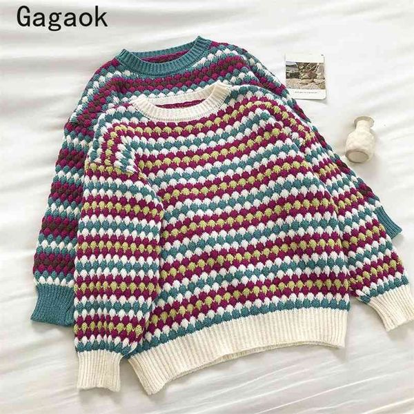 

vintage woman sweaters spring autumn o-neck striped knitted warm sweater loose sweet korean chic wild pullovers 210531, White;black