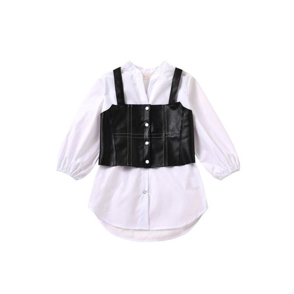 

clothing sets 2pcs kids summer outfit solid color lantern sleeves shirt dress + button-open braces waistcoat for girls 1-6 years, White