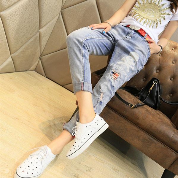 

women's jeans couture woman spring fashion female skull slim feet haren pants vintage style loose embroidery ankle-length hf231, Blue