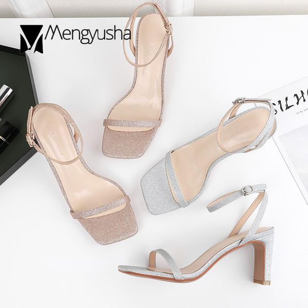 

dress shoes champagne/silver glitter sequined fabric pumps open toe ankle buckle sandals charming ladies party strange high heels 2021, Black