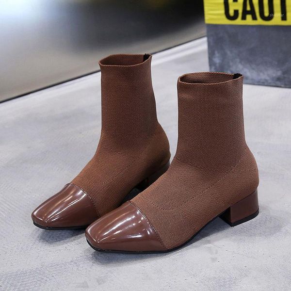 

boots square toe thick heel stretch women flying woven thin ladies socks mid-heel ankle1, Black