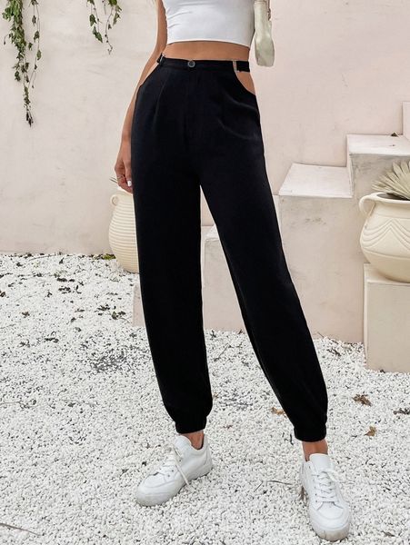 

cut out waist metal decor pants a4w8#, Black;white