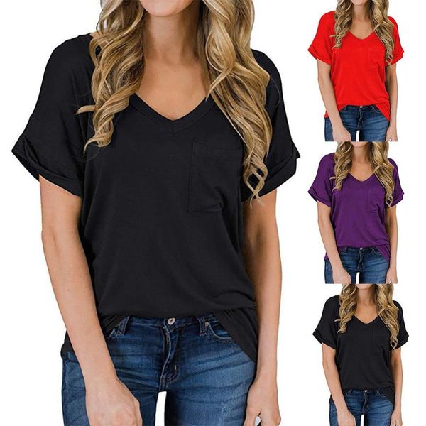 

fashion women solid v-neck t-shirt short sleeve casual tee blouse women's, White