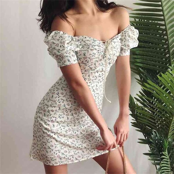 

summer 2021 retro boho women tie neck print floral mini white dress puff sleeve korean vestidos, Black;gray