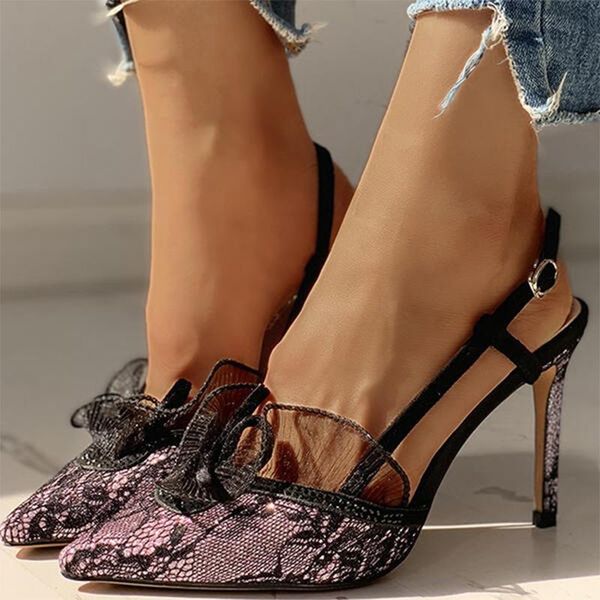 

summer lace high heels women sandals mesh rhinestone pointed toe ladies slingbacks pumps stiletto bridal wedding shoes, Black