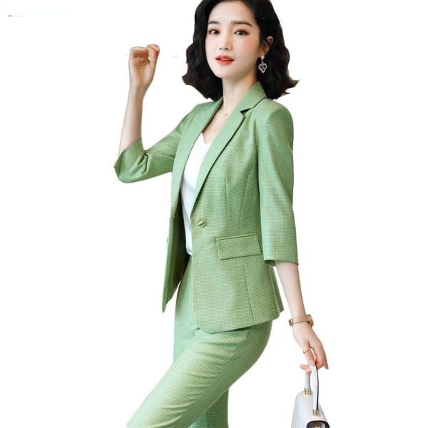 

women's two piece pants spring summer women pant suit half sleeve set size s-4xl green apricot blazer jacket with trouser for lady, White