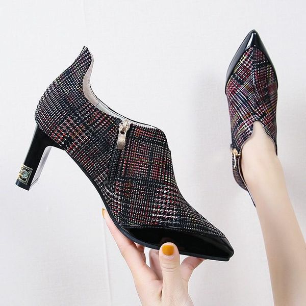

dress shoes spring for lady high heel office women's fashion plaid zipper pointed toe high-heeled elegant women pumps u28-18, Black