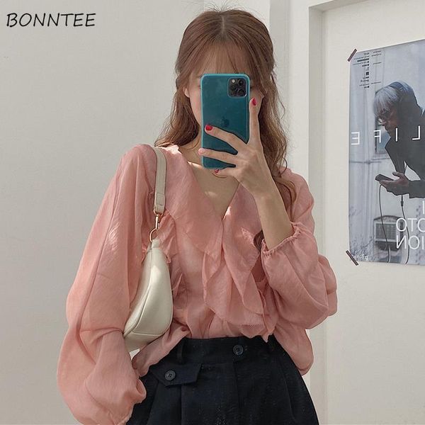 

blouses women loose v-neck long sleeve summer chiffon soft korean style stylish leisure all-match sweet ladies shirts prevalent x0521, White