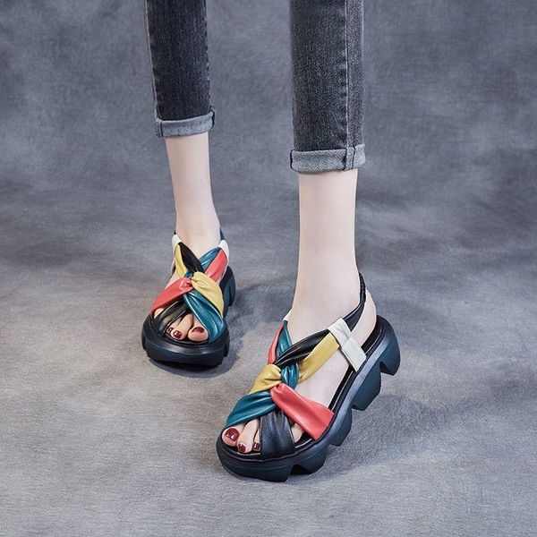 

sandals women genuine leather summer platform shoes fashion beach roman, Black