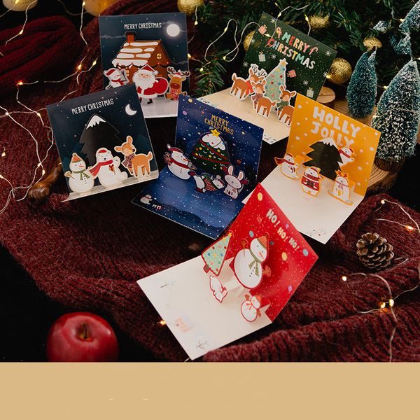 3D Pop Up Cartão De Natal Com Envelope Etiqueta Santa Claus Rena Boneco De Neve Estéreo Bênção Cartões De Festa De Natal Convites Cartées postais