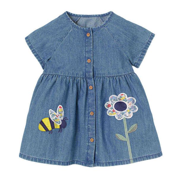 Frocks для девочек Летняя девочка Девочка Детская Одежда малыша хлопок цветок пчел аппликация Vestido джинсовый платье для детей 2-7 лет G1215