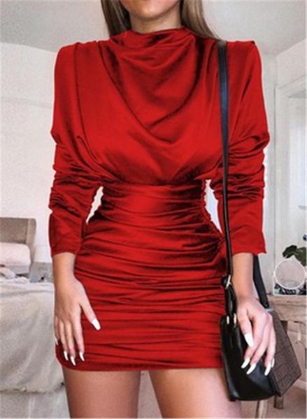

casual dresses satin turtleneck mini dress women long sleeve pleated autumn bodycon winter short party w3, Black;gray