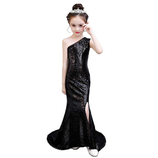 Schwarzes Pailletten-Meerjungfrauenkleid für Mädchen im Teenageralter, One-Shoulder-Vintage, edle Abschlusskleider, Abendparty, Kinderkleider M0327 Q0716