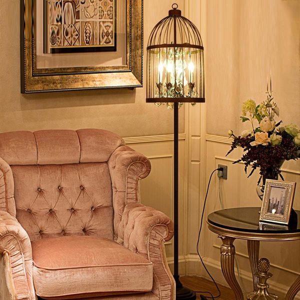 

loft birdcage crystal iron art floor lamps industrial style candelabrum light e27 led desk table lamp black gold color