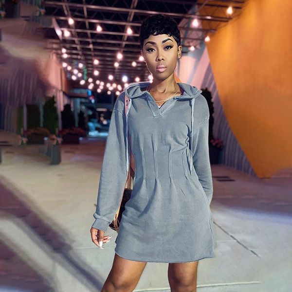 

woman dress casual a-line hooded long sleeve gray dresses sport streetwear vestido feminino undefined 2021 spring clothing, Black;gray