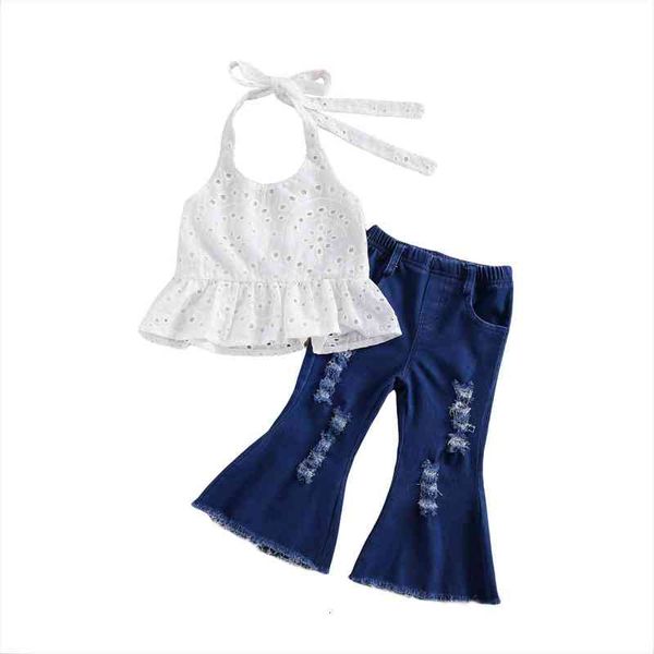 

summer 1-6y fashion kids girls clothes sets lace flowers solid white sleeveless belt vest denim hole flare pants