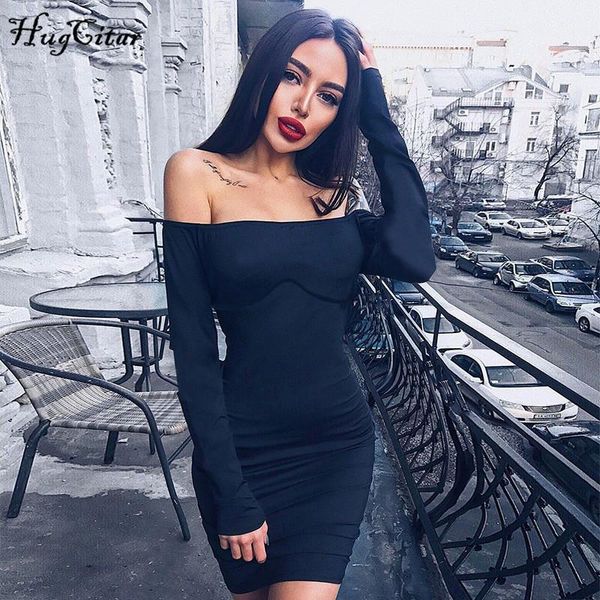 

casual dresses hugcitar 2021 long sleeve slashneck solid skinny mini dress autumn winter women fashion party club elegant outfits, Black;gray