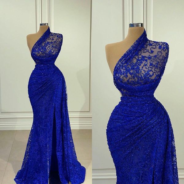 Royal Blue Sereia vestidos de noite glitter lantejouline um ombro sem mangas vestido de baile laço lace split vestidos de festa split