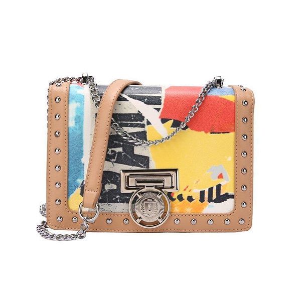 

evening bags 2021 arrivals women's shoulder for female pu leather graffiti pattern rivet design trend hip hop style girl's chain b