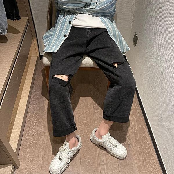 

spring summer ripped jeans men korean fashion loose torn casual harajuku streetwear hip-hop straight denim trousers men's, Blue